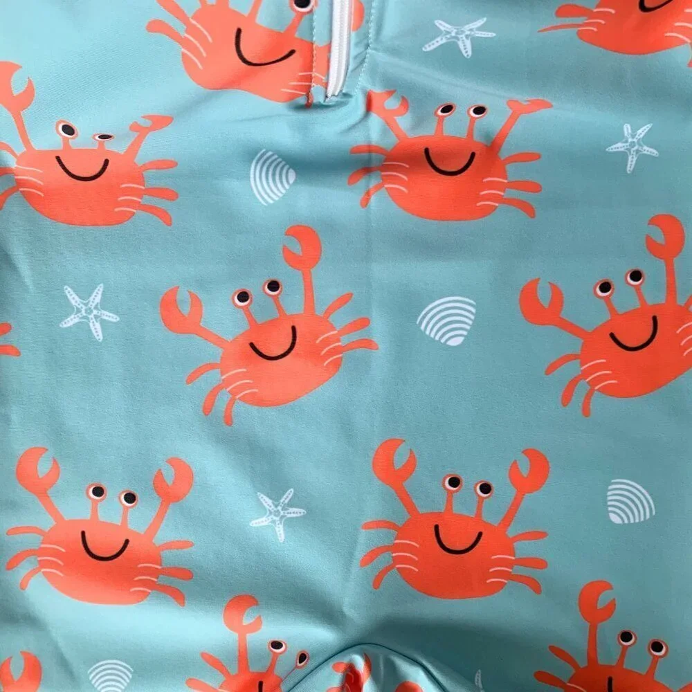 NWT Cute Boys One-Piece Swimsuit ShortSleeve Swimwear Summer Cartoon Crabs 3-6M